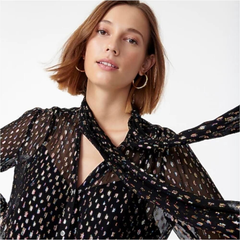 J. Crew Tie Neck Sheer Rainbow Lurex Dot Blouse Top In Black Size XS - Picture 3 of 14